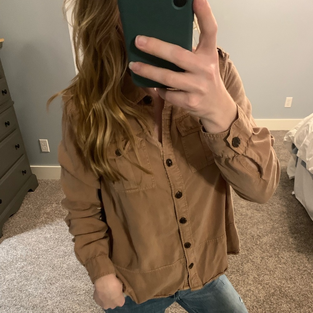 Beautiful Brown Tribal Jean Button Down Blouse with Pockets